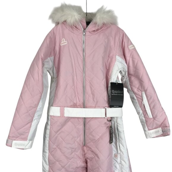 Tipsy Elves Ski Snow Suit Womens Size Large L Powder Pink Faux Fur Retro - Picture 3 of 11